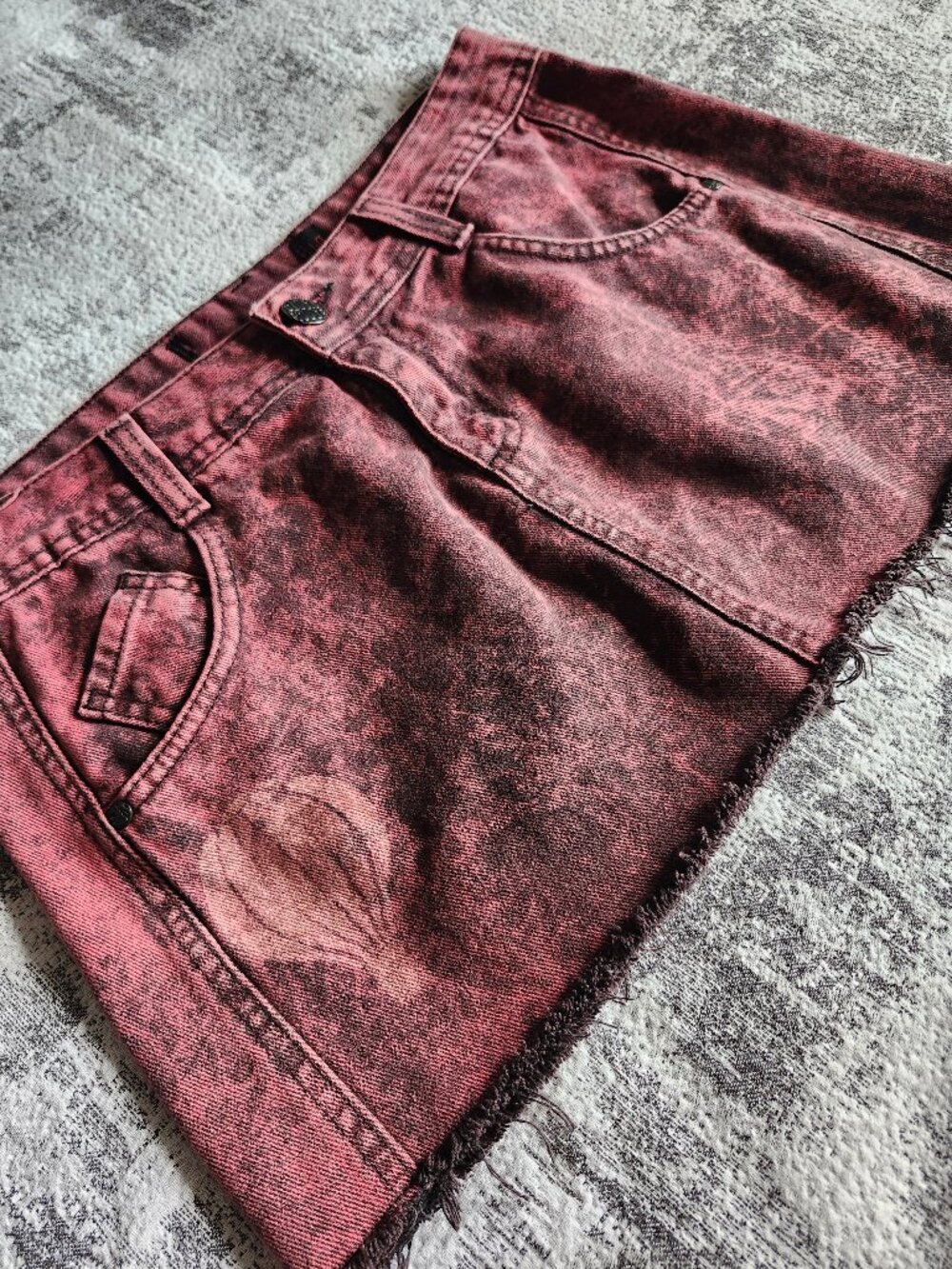 Pink + Black Acid Wash Denim Jeans Mini Skirt w Custom Balloon Print